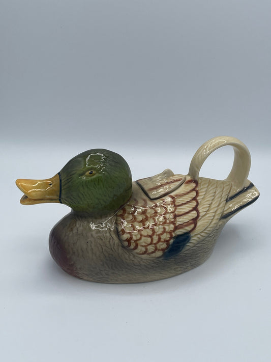 Vintage Tony Wood Staffordshire Mallard Duck Ceramic Decanter Jug Cruet Pourer England 22cm