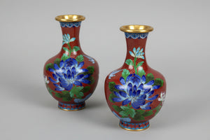 Pair of Cloisonne  Chinese floral and bird design vases 16cm tall