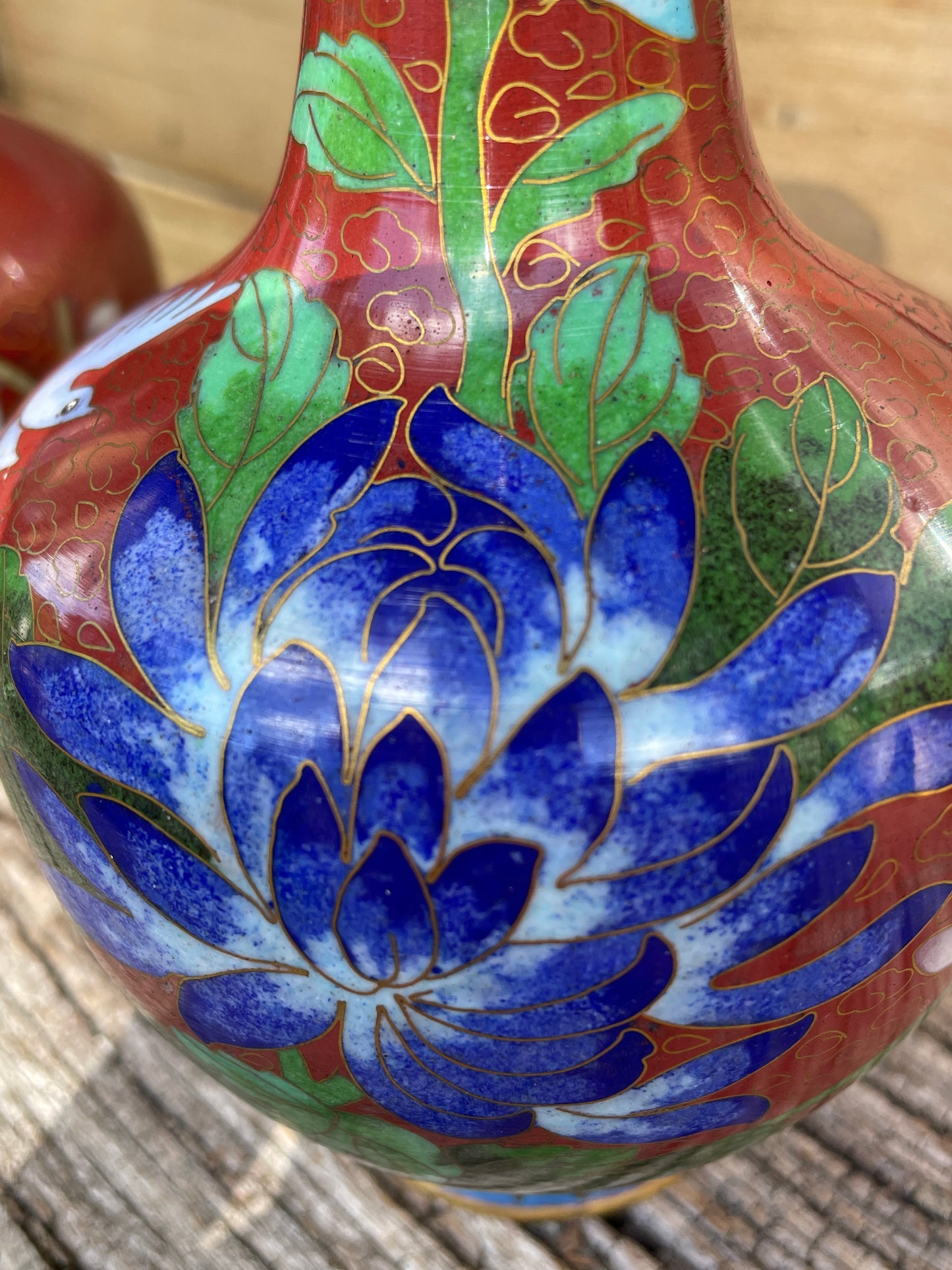 Pair of Cloisonne  Chinese floral and bird design vases 16cm tall