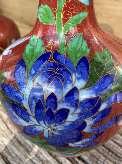 Pair of Cloisonne  Chinese floral and bird design vases 16cm tall