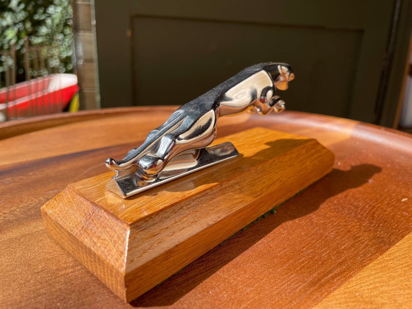 Jaguar car  mascot mounted on oak plinth 15cm long