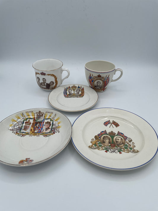 Five Vintage British Royal Commemorative China Pieces – 1935 Silver Jubilee & 1937 Coronation Cups and Plates