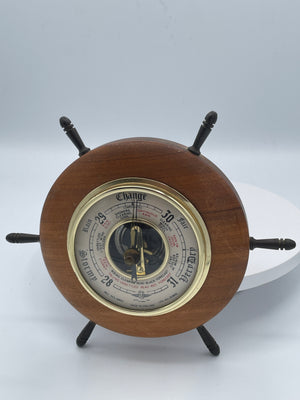 Vintage SB Ships Wheel Wall Barometer Made in England Wooden Nautical Weather Gauge