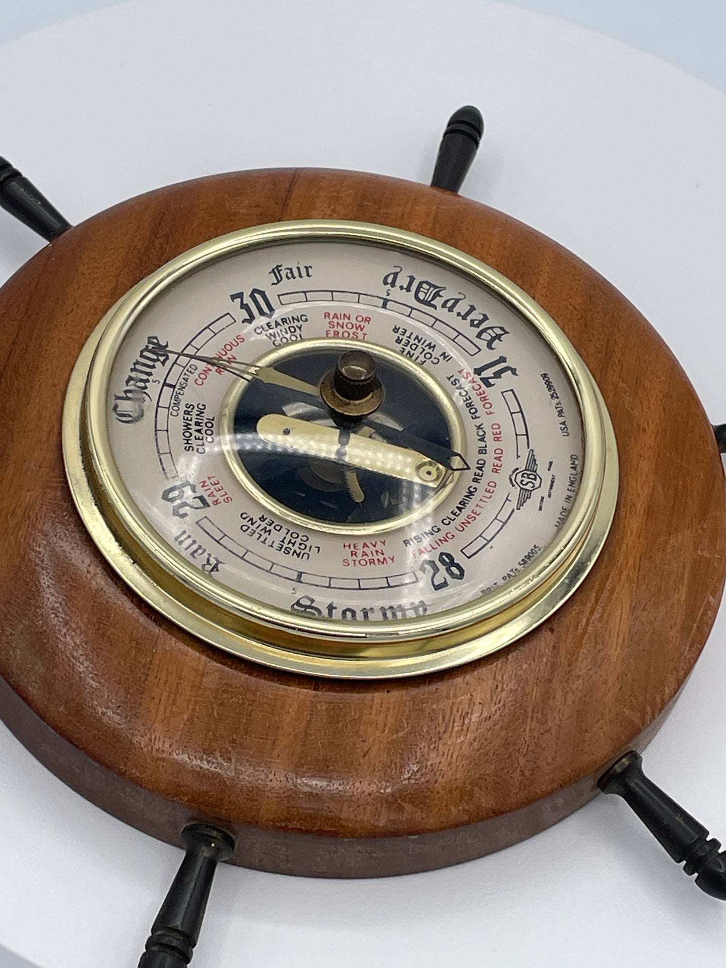 Vintage SB Ships Wheel Wall Barometer Made in England Wooden Nautical Weather Gauge