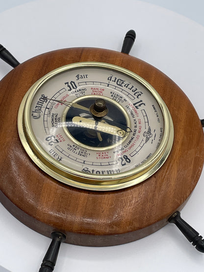 Vintage SB Ships Wheel Wall Barometer Made in England Wooden Nautical Weather Gauge