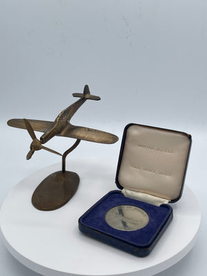 Brass Model Spitfire Aircraft on Stand with Duxford Battle of Britain 1940 Commemorative Medal