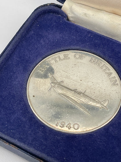 Brass Model Spitfire Aircraft on Stand with Duxford Battle of Britain 1940 Commemorative Medal