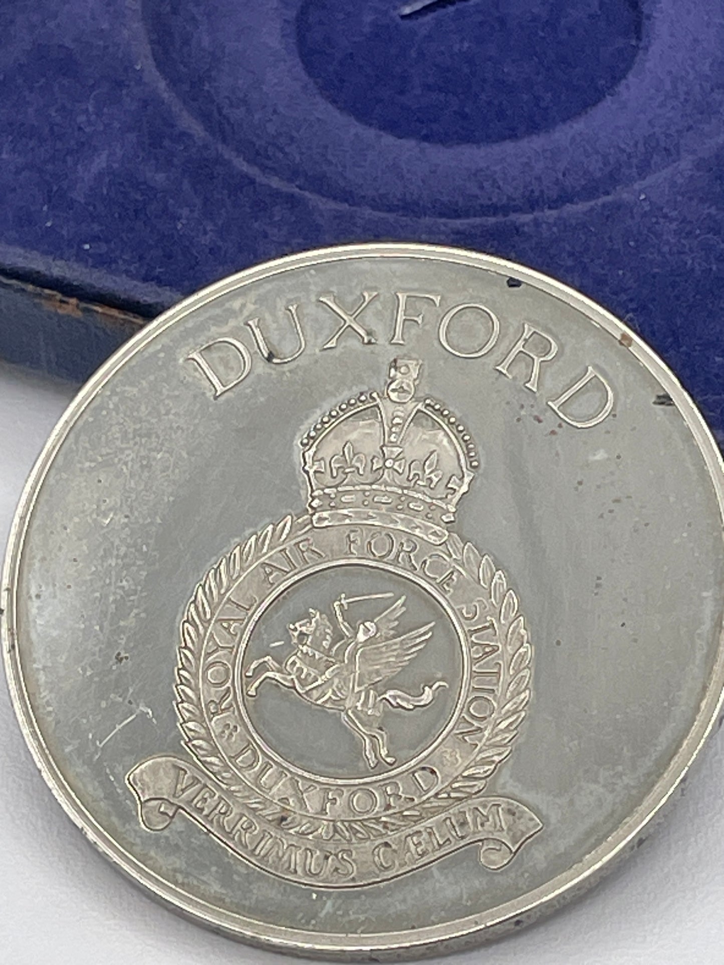 Brass Model Spitfire Aircraft on Stand with Duxford Battle of Britain 1940 Commemorative Medal