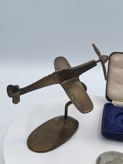 Brass Model Spitfire Aircraft on Stand with Duxford Battle of Britain 1940 Commemorative Medal