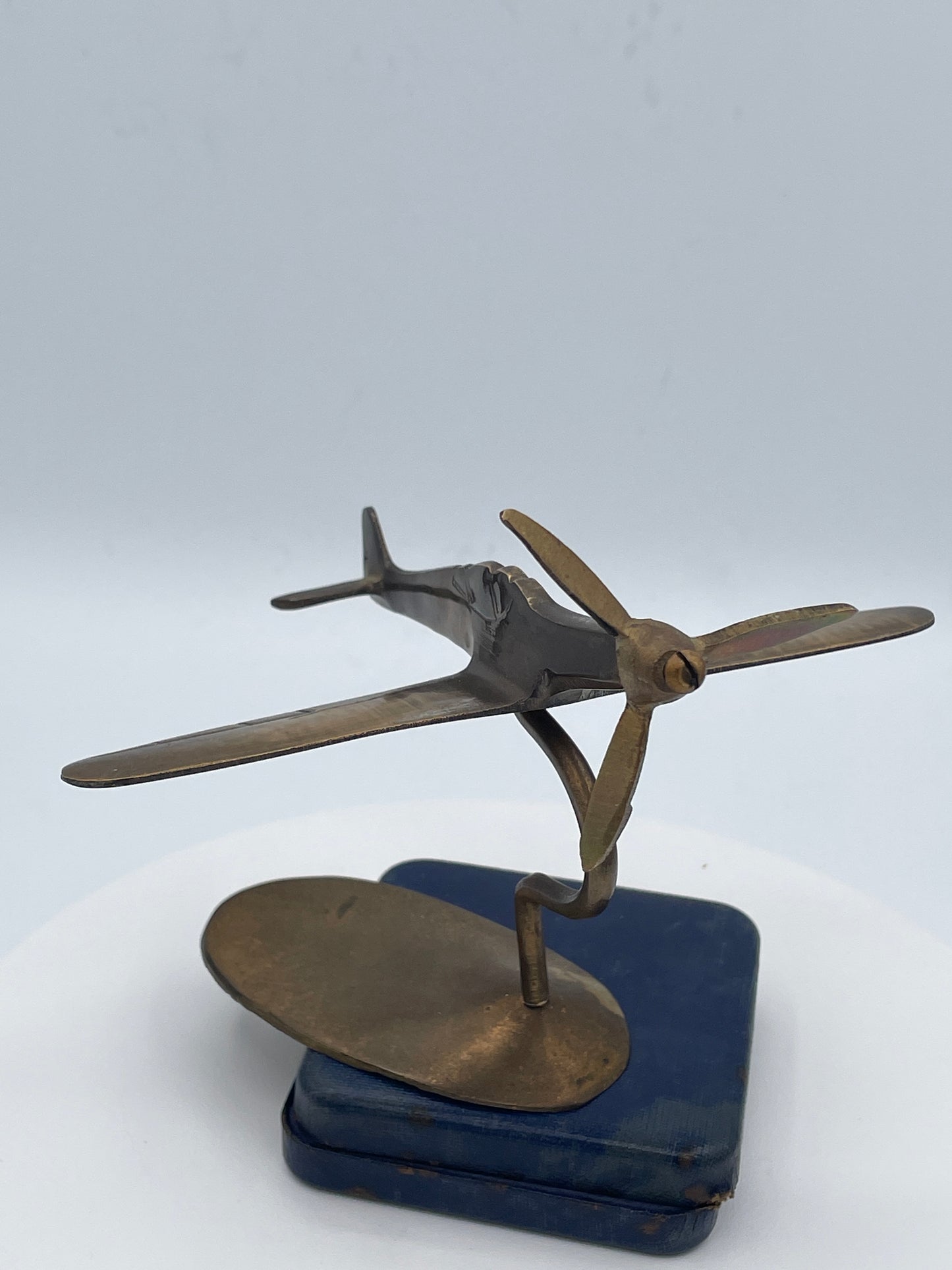 Brass Model Spitfire Aircraft on Stand with Duxford Battle of Britain 1940 Commemorative Medal