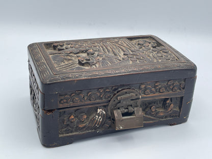 Chinese Carved Wooden Box with Tarot Cards Cloth Bag Vintage Storage Box