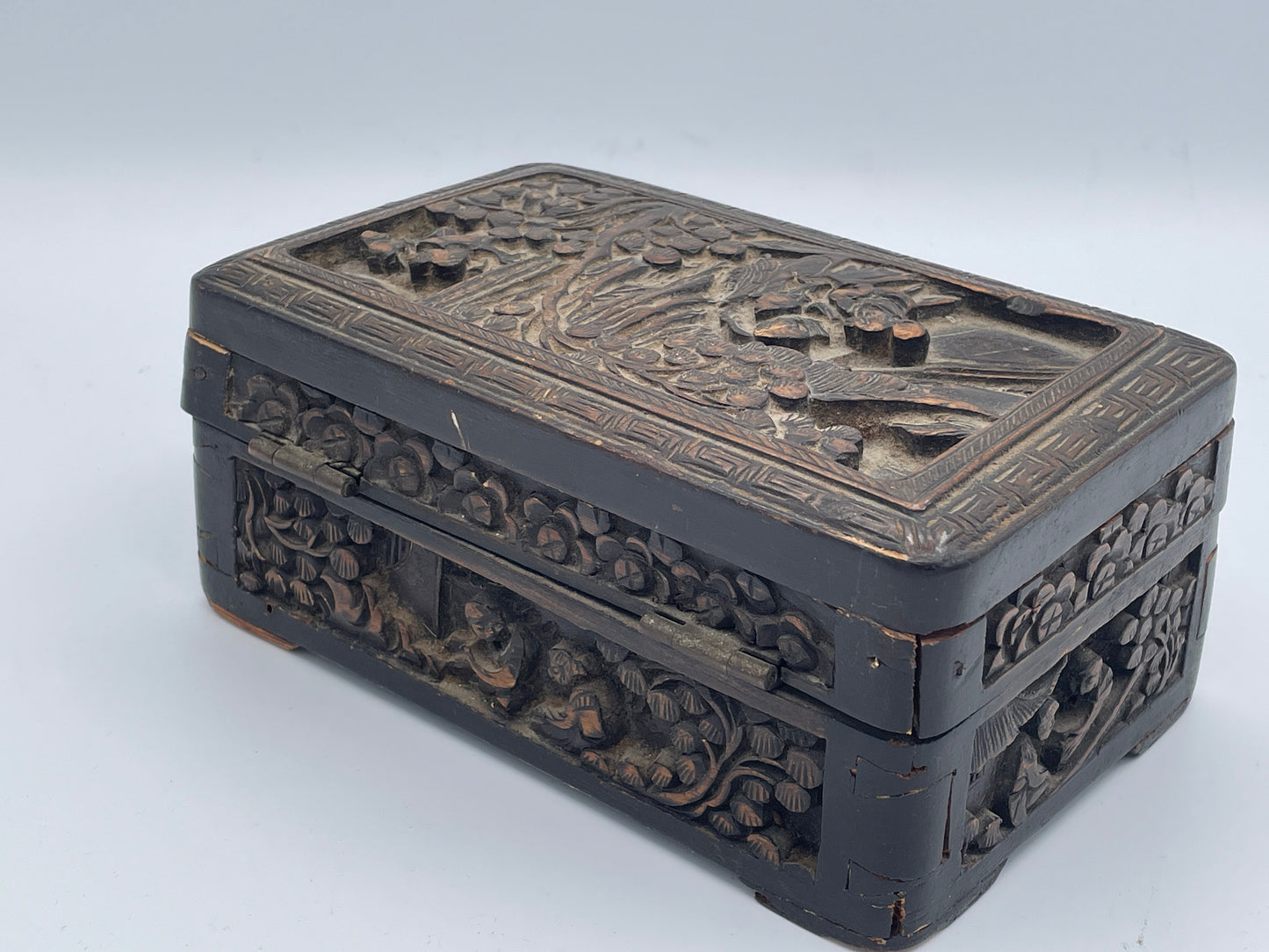 Chinese Carved Wooden Box with Tarot Cards Cloth Bag Vintage Storage Box