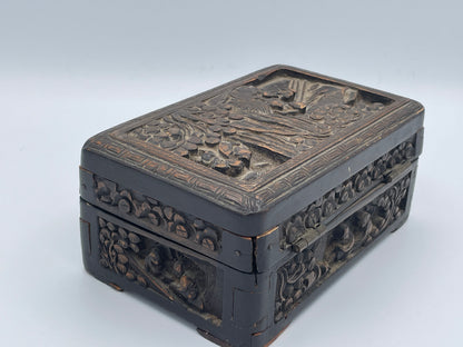 Chinese Carved Wooden Box with Tarot Cards Cloth Bag Vintage Storage Box