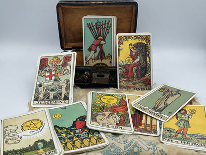 Chinese Carved Wooden Box with Tarot Cards Cloth Bag Vintage Storage Box