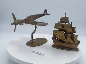 Vintage Brass Trench Art Style Spitfire Plane & Galleon Ship Sculptures Pair