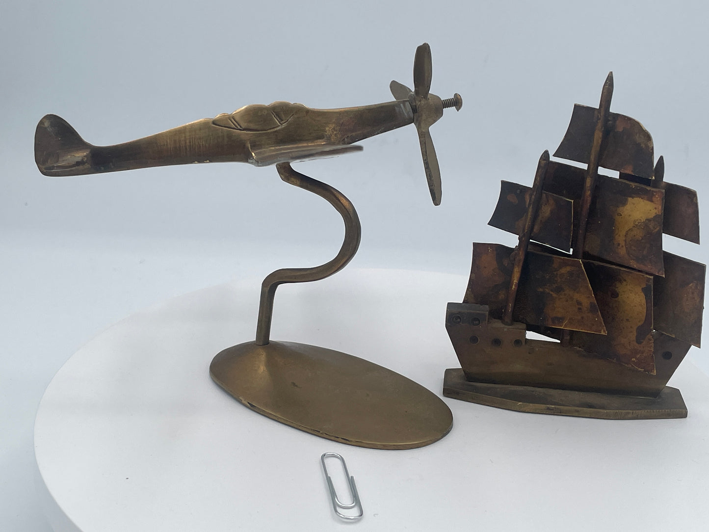 Vintage Brass Trench Art Style Spitfire Plane & Galleon Ship Sculptures Pair