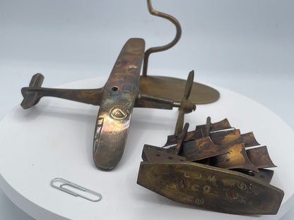 Vintage Brass Trench Art Style Spitfire Plane & Galleon Ship Sculptures Pair