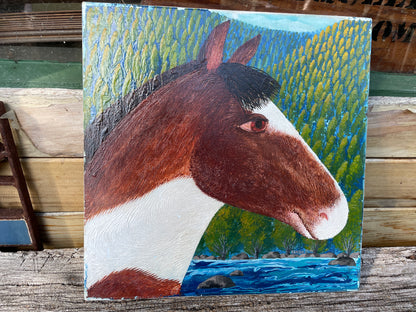 A Ukranian Folk Art oil painting of a horse before a mountainous landscape