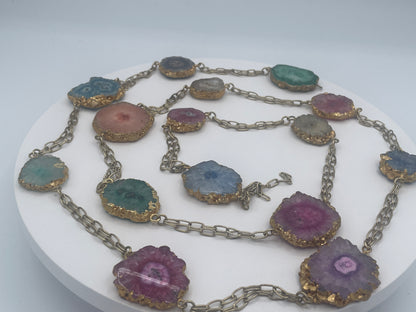 Long Multicoloured Solar Quartz Slice Statement Necklace Gold Tone Chain 120cm