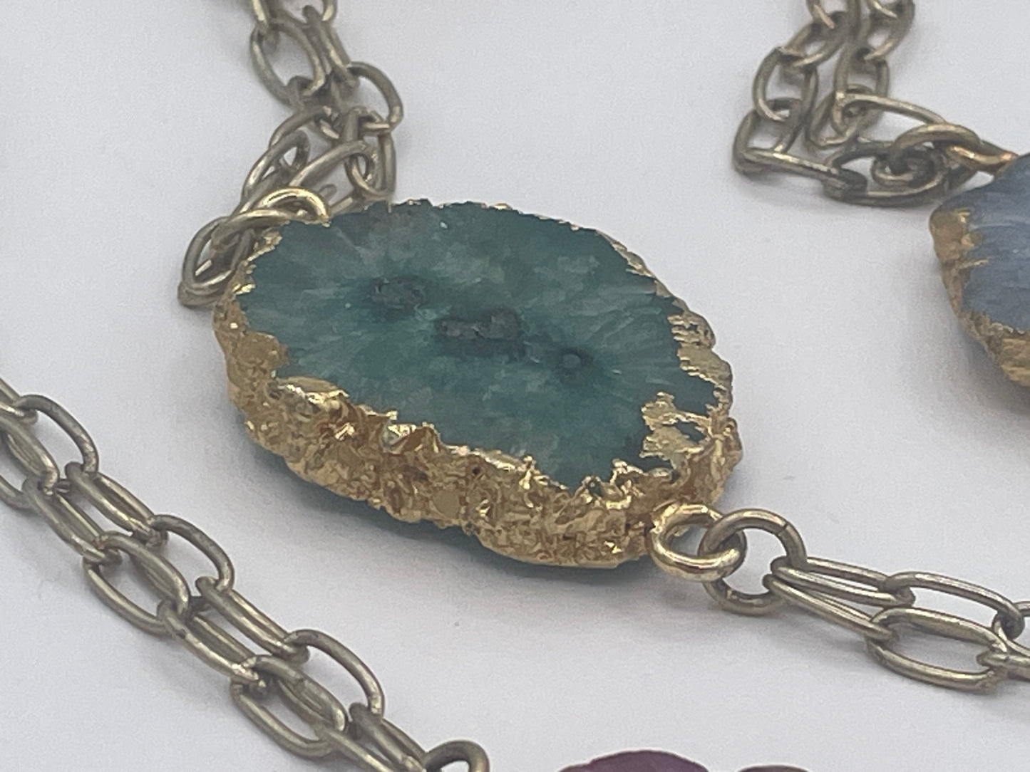 Long Multicoloured Solar Quartz Slice Statement Necklace Gold Tone Chain 120cm