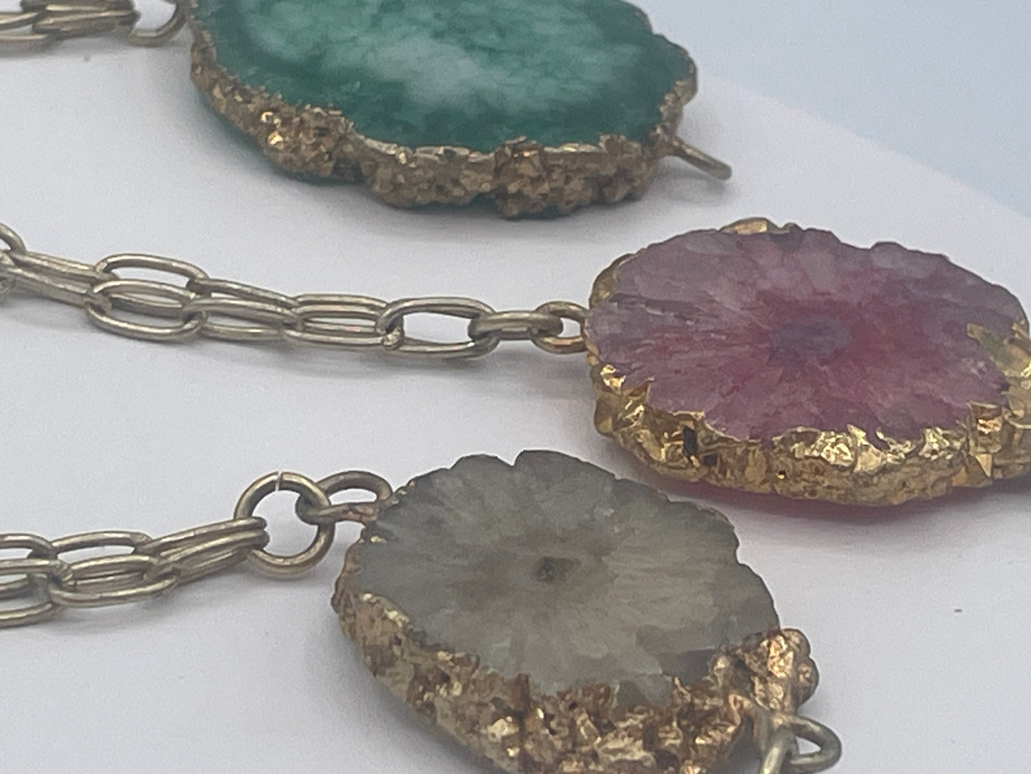 Long Multicoloured Solar Quartz Slice Statement Necklace Gold Tone Chain 120cm
