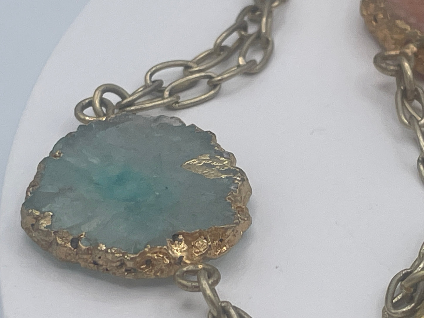 Long Multicoloured Solar Quartz Slice Statement Necklace Gold Tone Chain 120cm