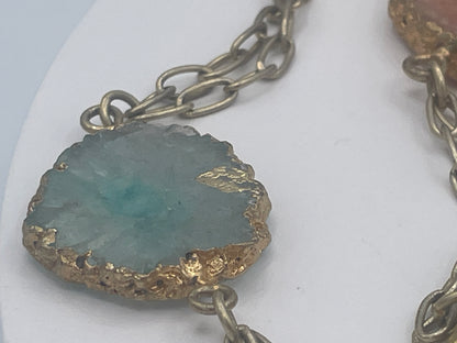 Long Multicoloured Solar Quartz Slice Statement Necklace Gold Tone Chain 120cm