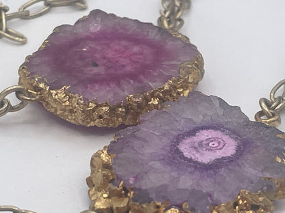 Long Multicoloured Solar Quartz Slice Statement Necklace Gold Tone Chain 120cm