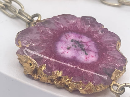 Long Multicoloured Solar Quartz Slice Statement Necklace Gold Tone Chain 120cm