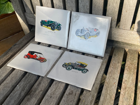 Vintage car ceramic wall tiles depicting Bentley, Mercedes, Austin and Morris 11x11cm