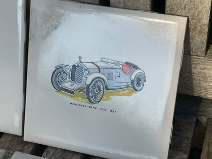 Vintage car ceramic wall tiles depicting Bentley, Mercedes, Austin and Morris 11x11cm