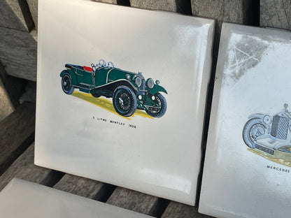 Vintage car ceramic wall tiles depicting Bentley, Mercedes, Austin and Morris 11x11cm