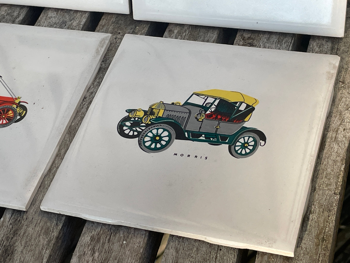 Vintage car ceramic wall tiles depicting Bentley, Mercedes, Austin and Morris 11x11cm