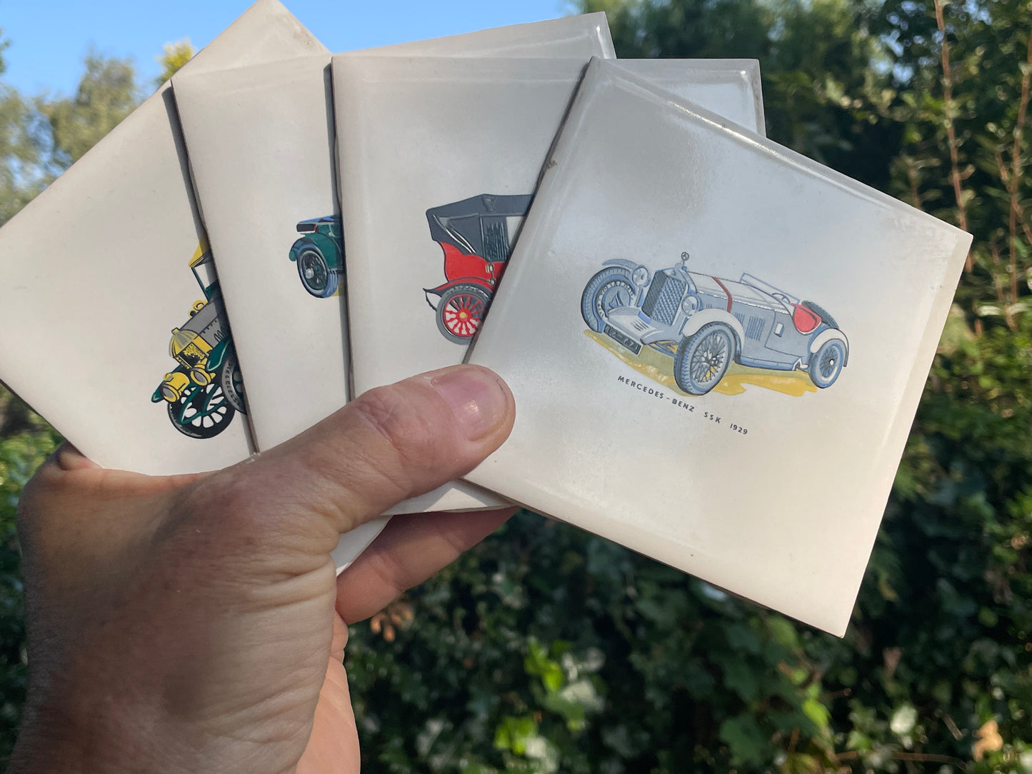 Vintage car ceramic wall tiles depicting Bentley, Mercedes, Austin and Morris 11x11cm