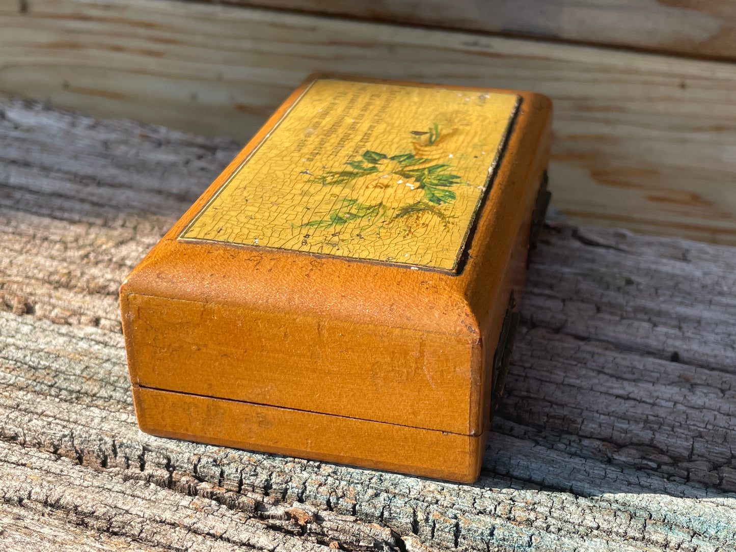 Small Victorian wooden jewellery casket with friendship motif 10.5cm wide