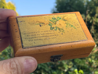 Small Victorian wooden jewellery casket with friendship motif 10.5cm wide