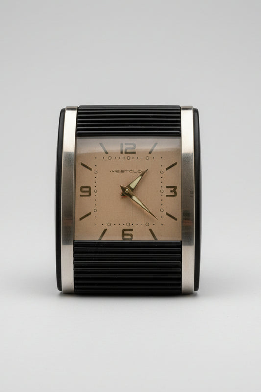Art Deco Westclox Tambour front travel alarm clock 1960's
