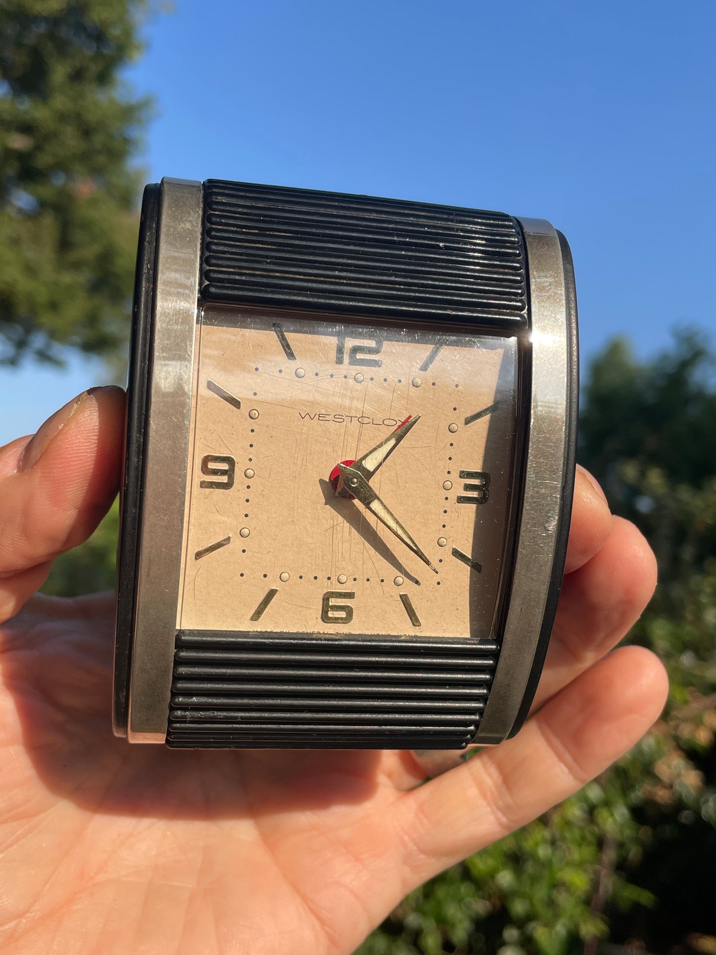 Art Deco Westclox Tambour front travel alarm clock 1960's