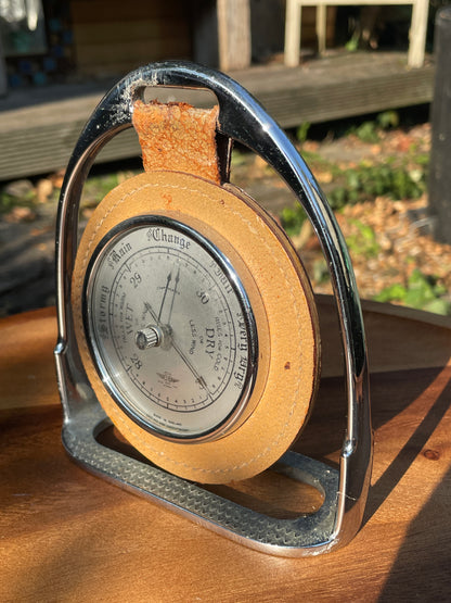 Mid century working horse stirrup desk barometer by SB England