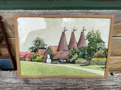 Original glazed watercolour of Kent Oast House scene, Kent -  by renowned London artist Herbert Ahier c1950's