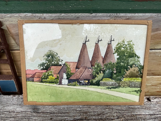 Original glazed watercolour of Kent Oast House scene, Kent -  by renowned London artist Herbert Ahier c1950's