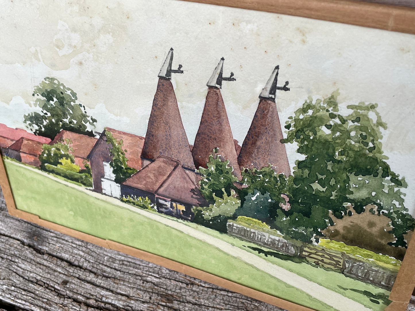 Original glazed watercolour of Kent Oast House scene, Kent -  by renowned London artist Herbert Ahier c1950's