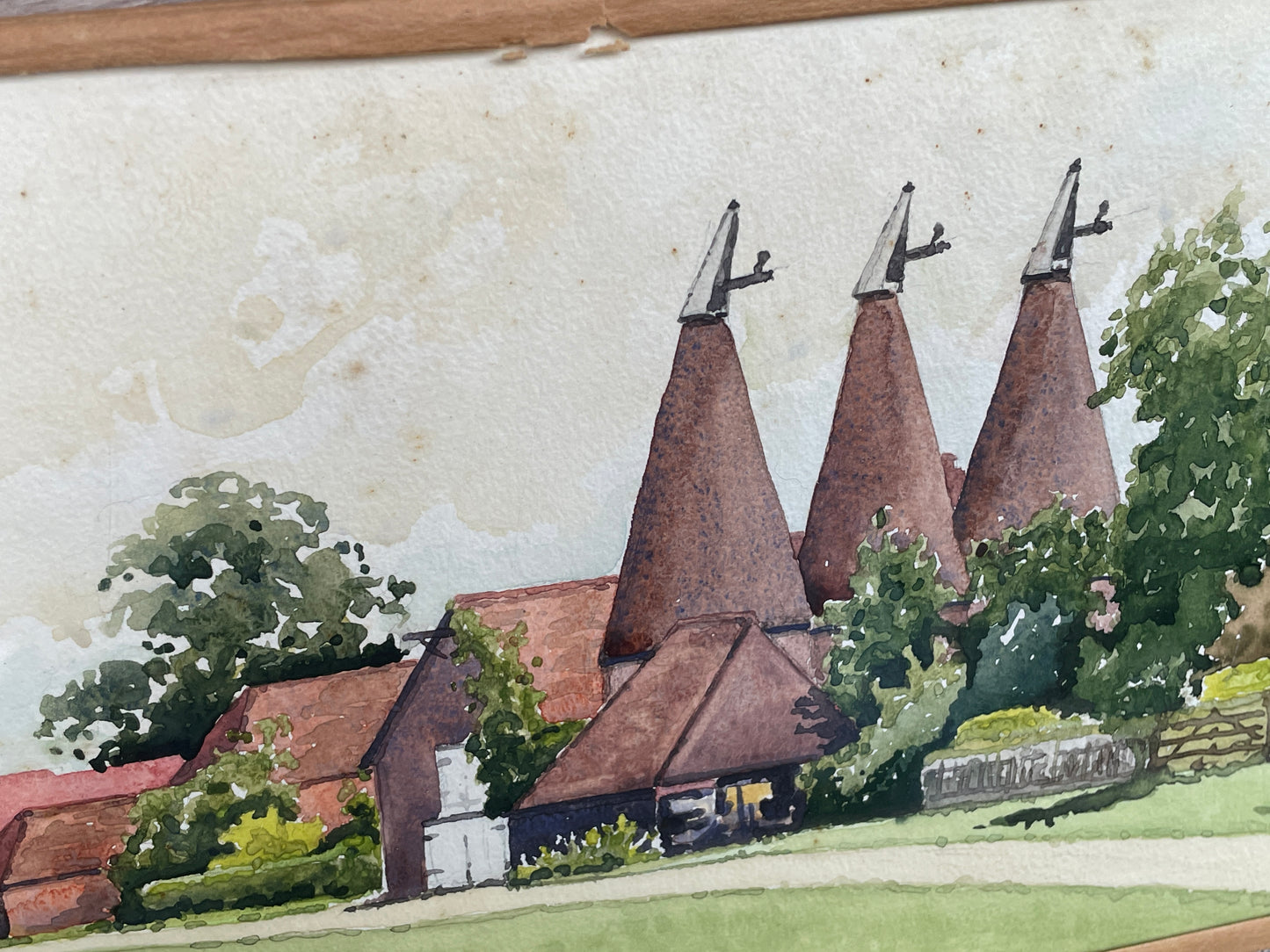 Original glazed watercolour of Kent Oast House scene, Kent -  by renowned London artist Herbert Ahier c1950's