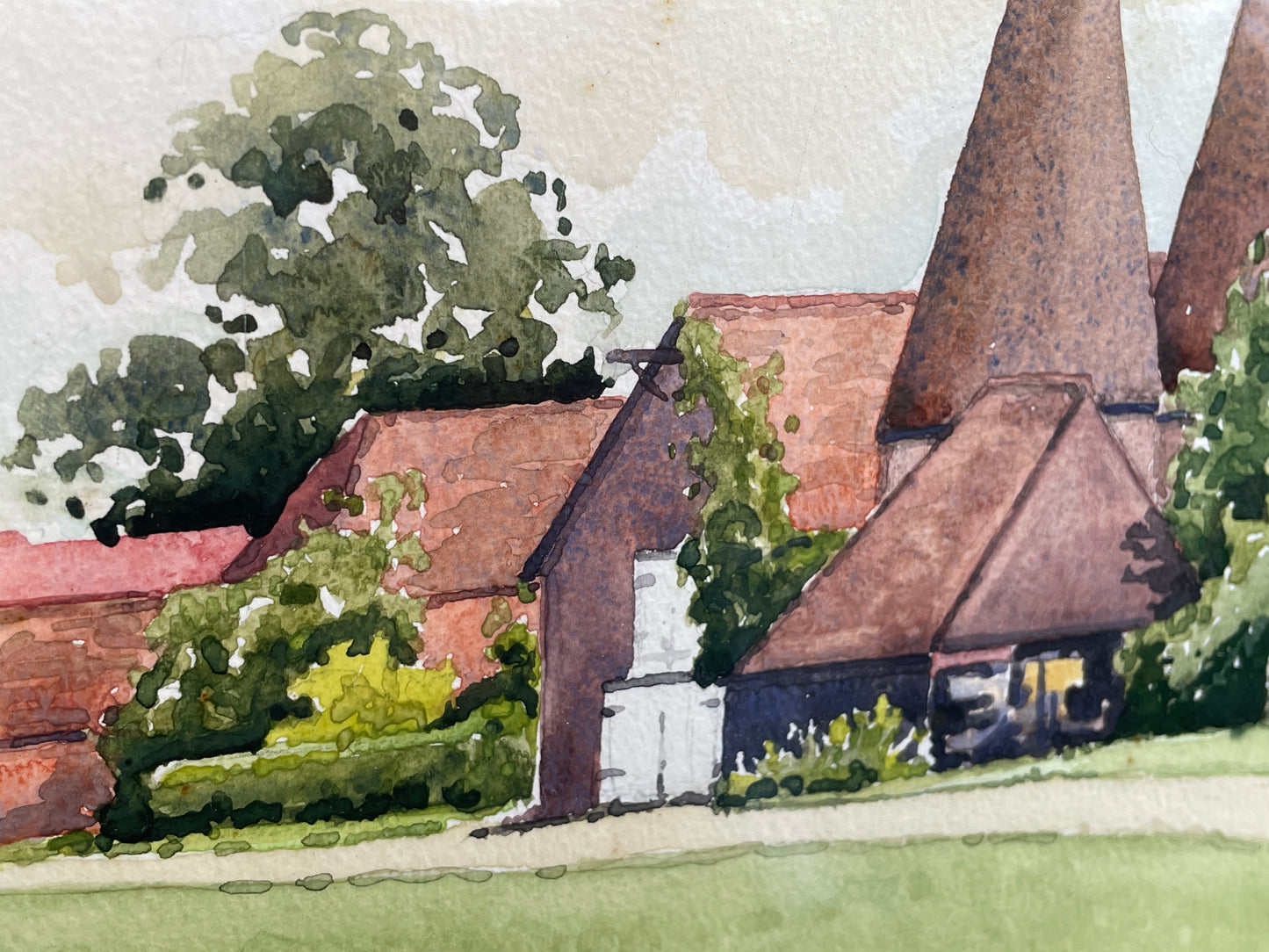 Original glazed watercolour of Kent Oast House scene, Kent -  by renowned London artist Herbert Ahier c1950's