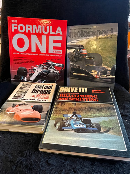 Four motor racing hardback books Formula one, Hillclimbing, motorsport and vintage formula one