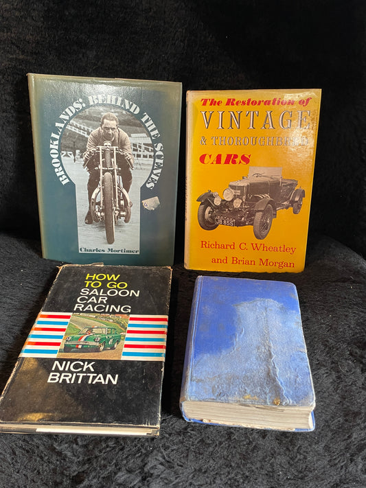 Four vintage motorsport and motorcycle hardback books - vintage cars, Brooklands, car restoration, car racing