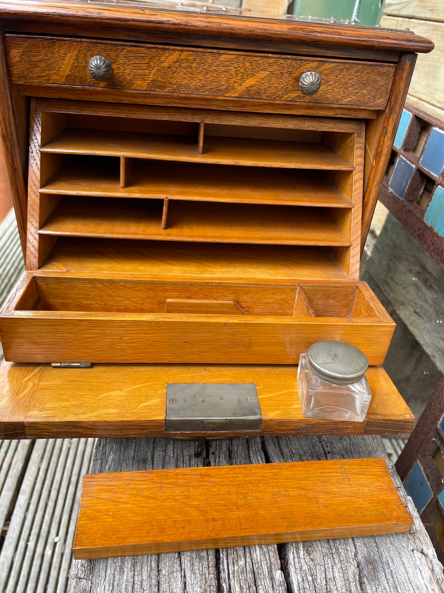 Exquisite compact oak stationary/writing cabinet c1910 - 33x26x24