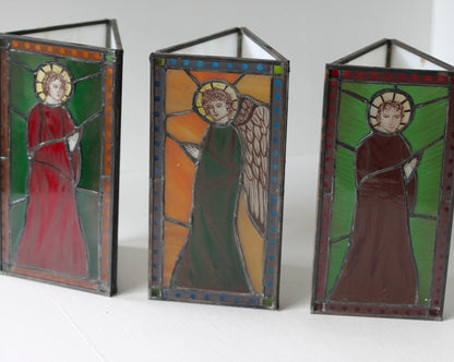 Three hand made, hand etched stained glass religious candle lights