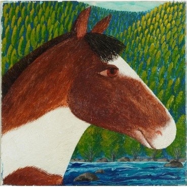 A Ukranian Folk Art oil painting of a horse before a mountainous landscape