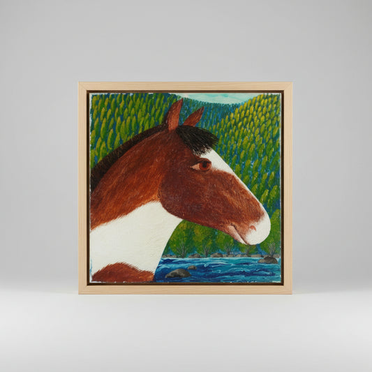 A Ukranian Folk Art oil painting of a horse before a mountainous landscape